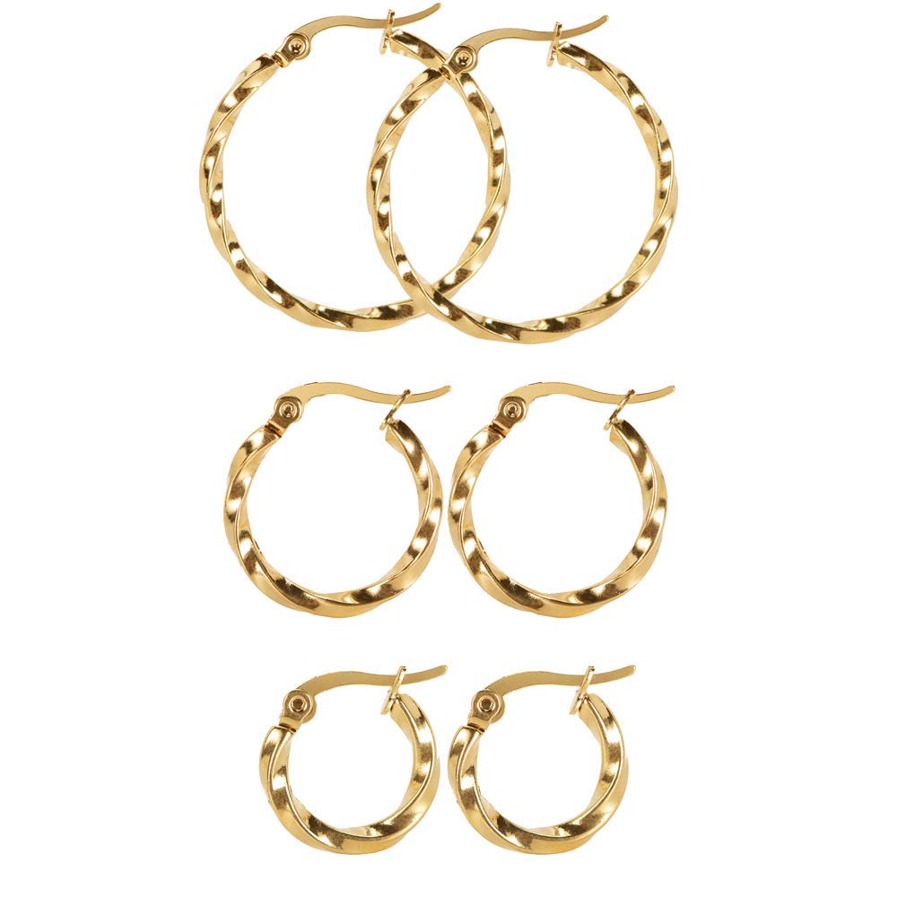 Pargleev 3 Pairs Twisted Stainless Steel Hoop Earrings Set for Girls Women,God