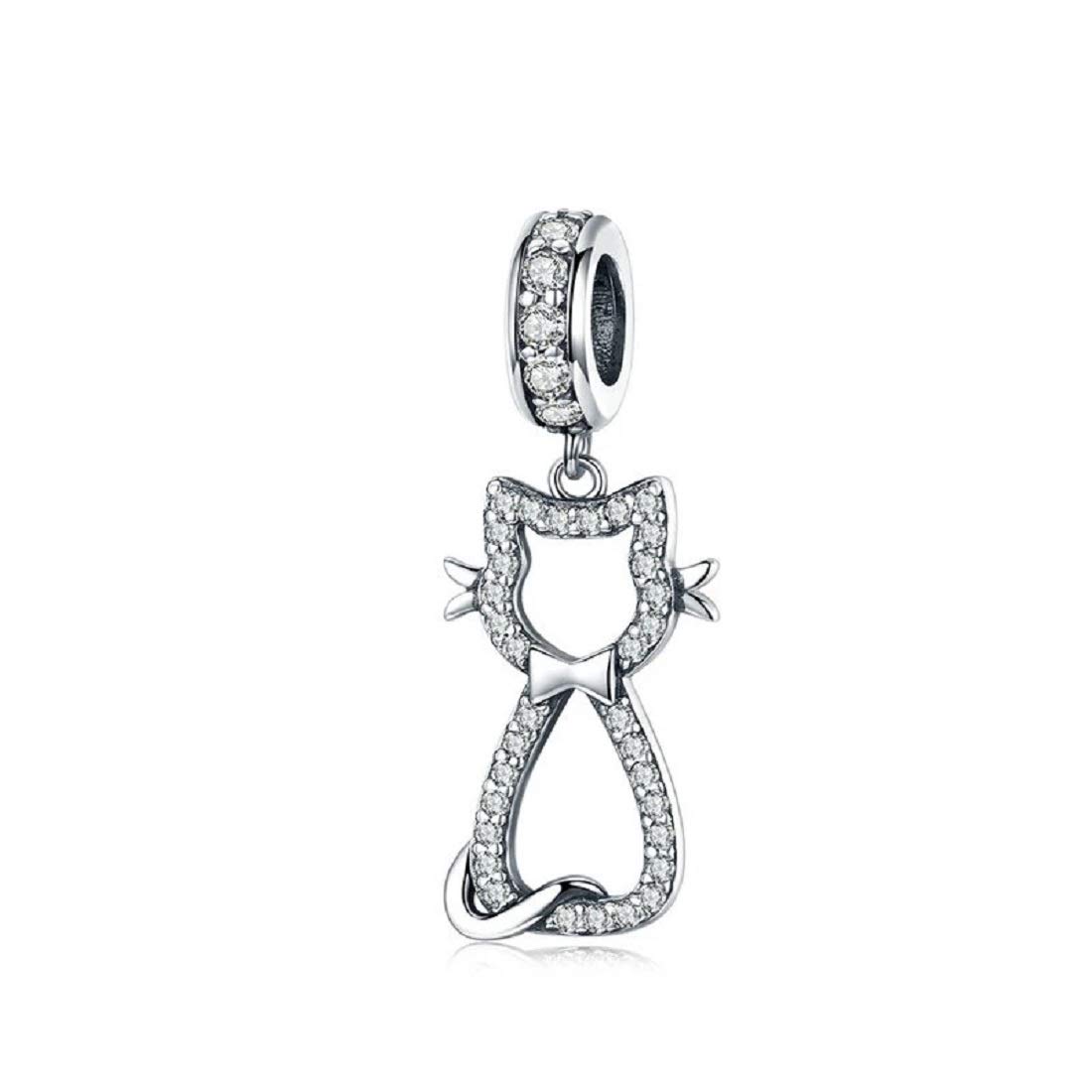 FeatherWish 925 Sterling Silver Charm Cat Kitten Animal Family Pet Best Friend Pendant Dangle Fits And Compatible With Pandora Bracelets Gift Friend Sister Wife Mum Daughter (Sparkle open Cat)