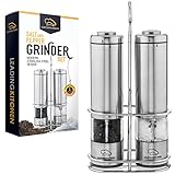 Salt and Pepper Grinder Set - Electric Shakers with Automatic Light Plus Ceramic Rotor and Stainless Steel Body - Adjustable from Coarse to Fine - One-Handed Operation - Stand Included