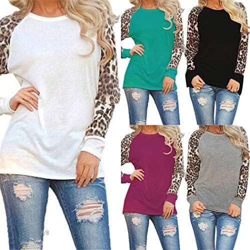 Donet Women's Casual O-Neck Long Sleeve Top Leopard Patchwork T-Shirt