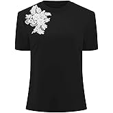 Hobemty Women's Basic Tee Shirt Short Sleeve Crew Neck Stretchy Summer Casual Beaded Top