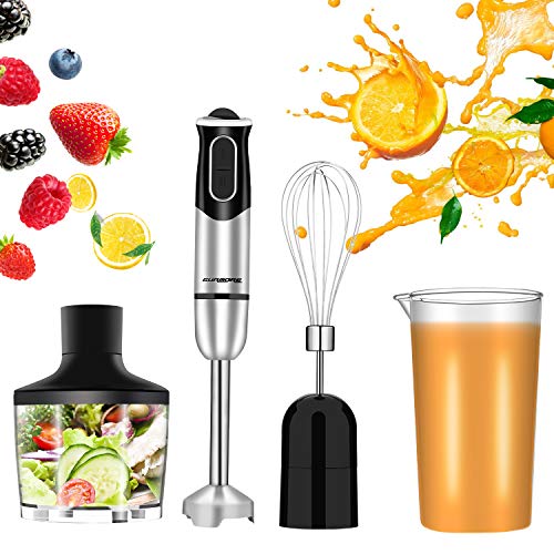GURMORE Hand Blender, 4-in-1 500W 8 Speeds Immersion Hand Blender Set – Includes Food Chopper, Egg Whisk, And BPA-Free Beaker - Black