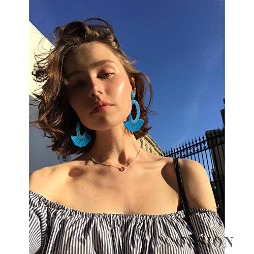Women's Beaded Tassel Earrings Long Fringe Drop Bohemian Earings Dangle 7 Colors (Bead-Blue)