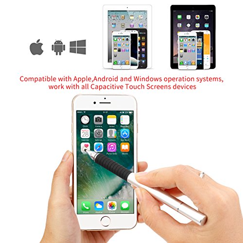 Healcity Premium Capacitive Stylus Pen,Disc & Fiber Tip 2 in 1 Series,Fine Point Stylus Tip,High Sensitivity & Precision,Universal on iPhone/ iPad/ Tablet/laptop and other Touch Screens (Silver)