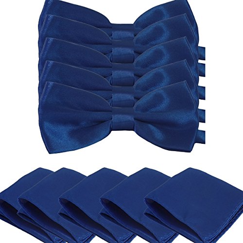 Mens Smooth Satin Feel Formal Pre-Tied Bow Tie and Pocket Square Sets (Set of 5, Royal Blue)