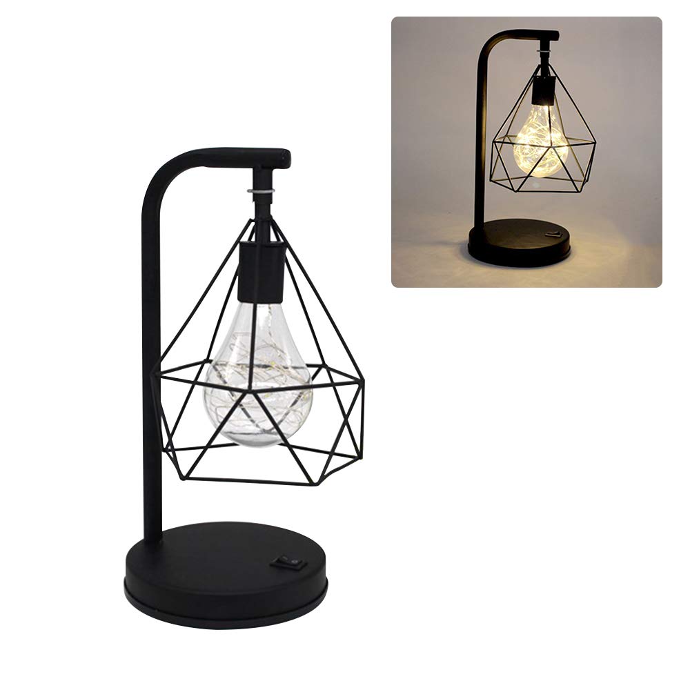 Bedside Lamps Night Light, Battery Operated Lamp Black Vintage Iron Metal Wire Basket Cage Diamond Style Bedside Light Shade Desktop Light for Bedside Desk Living Room Coffee Store Lamps for Bedroom