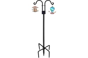 STAUKOK Double Shepherds Hooks for Outdoor, 1 Pack 92 Inch Bird Feeder Pole with 5 Prongs Base, Heavy Duty Garden Hook for Hanging Plant, Lantern, Hummingbird Feeder