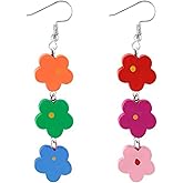 Colorful Flowers Dangle Earrings, Lovely Wooden Flower Drop Earrings for Women Boho Style Vacation Jewelry