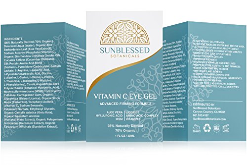 Vitamin C Eye Gel for Under Eye Bags Treatment Dark Circles Puffiness Wrinkles Crows Feet and Anti Aging Skin Care with Hyaluronic Acid Made in USA by SunBlessed Botanicals