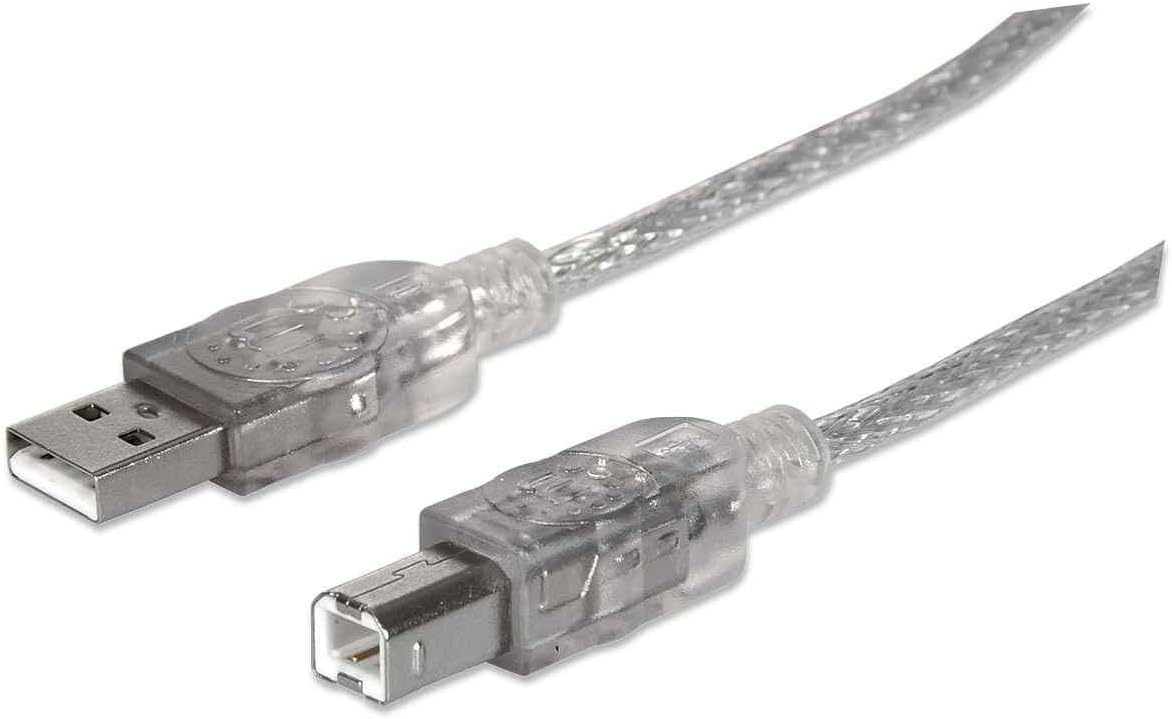 Manhattan USB-A to USB-B Cable, 1.8m, Male to Male, Translucent Silver, 480 Mbps (USB 2.0), Hi-Speed USB, Lifetime Warranty, Polybag