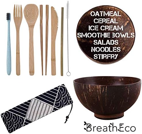 BreathEco Coconut Bowl and Bamboo Utensils Travel Cutlery Set | 100% Eco Friendly Vegan Friendly | Hand Made Coconut Bowl | Includes a Free Wheat Tooth Brush