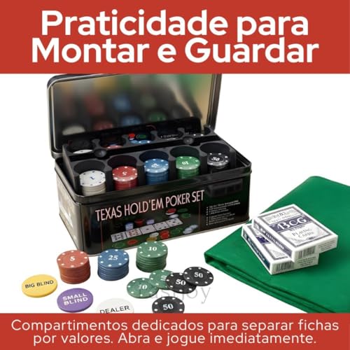 Jogo de Poker 200 Fichas Cartas de Baralho, Maleta Metálica, Fichas de Dealer e Blind, Conjunto Completo para Jogos