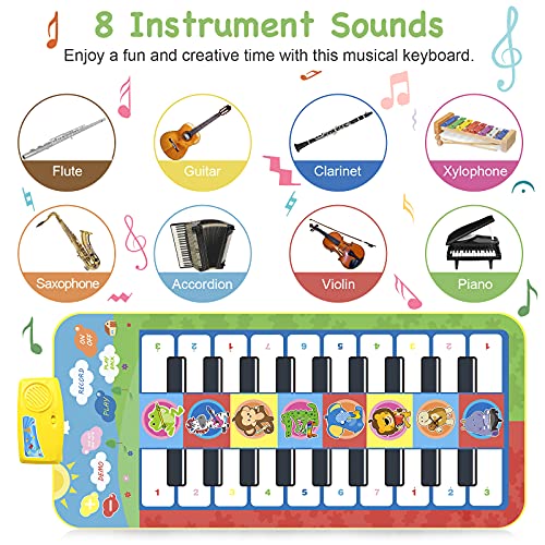 Kavaikid Piano Mat for Kids, Musical Keyboard Dance Blanket Mat, 8 Musical Instruments 5 Play Modes, Animal Theme Educational Toy for Birthday and Christmas(44.1x19.7in)