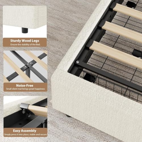 Garvee Queen Size Bed Frame with Storage Drawers, Upholstered Boucle Platform Bed with Round Headboard, Heavy Duty & Noise Free, No Box Spring Needed, Beige