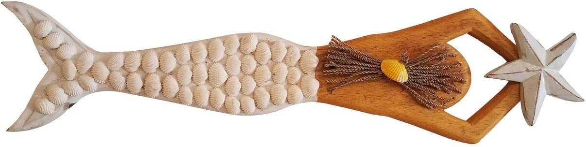 All Seas Imports Gorgeous HANDCARVED Wood Beach Style Mermaid Holding Star with Shell Wall Decor!