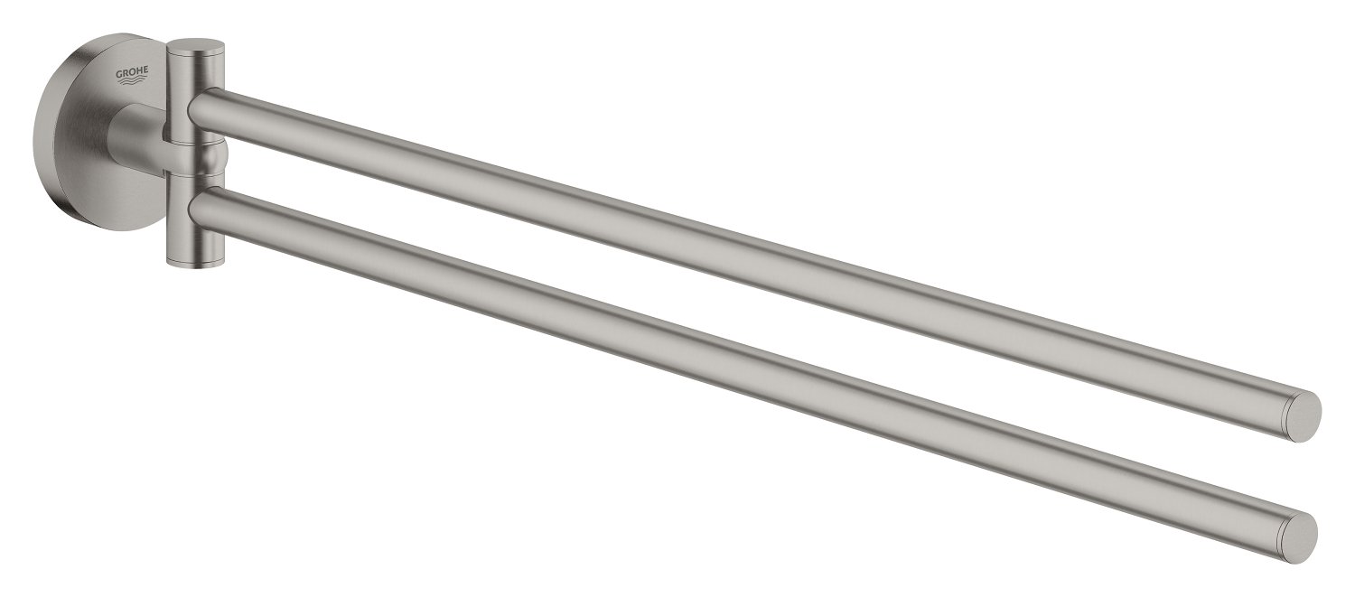 GROHE Essentials Towel Bar (439mm) with Two Swivel Arms German Engineered, Metal In Stainless Steel-Look and with Concealed Fastening 40371DC1