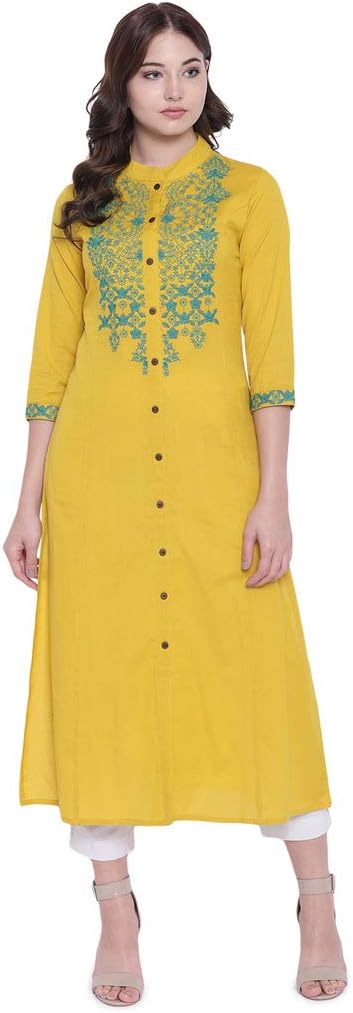 Divena Mustard Embroidered Khadi Straight Kurta