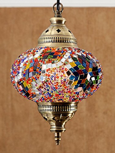 Large Globe Modern Chandelier Lamp Ceiling Hanging Handmade Turkish Mosaic Glass Art Moroccan Lantern Light with Bulb, 17.8" (45 cm) Height - 10" (25 cm) Diameter Pendant Arabian Tiffany (Colorfun)