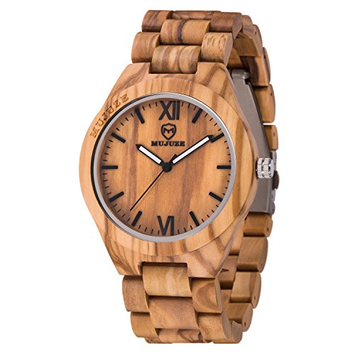 Wood Wrist Watches,BIOSTON Natural Handmade Lightweight 45mm Big Size Analog Quartz Olive Wooden Watch Men