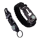 Tongji 5 In 1 Outdoors Survival Paracord Bracelet and Key chains With Compass Fire Starter and Whistle (Black)