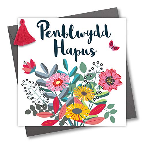 Claire Giles Greeting Cards, Welsh Birthday Card, Penblwydd Hapus, Bouquet, Embellished with a Colourful Tassel