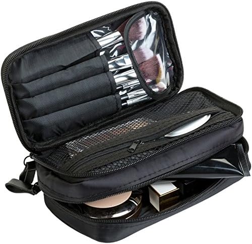 MODARANI Mini Black Makeup Bag Makeup Case with Brush Holder 2 Layer Cosmetic Organizer Case for Travel