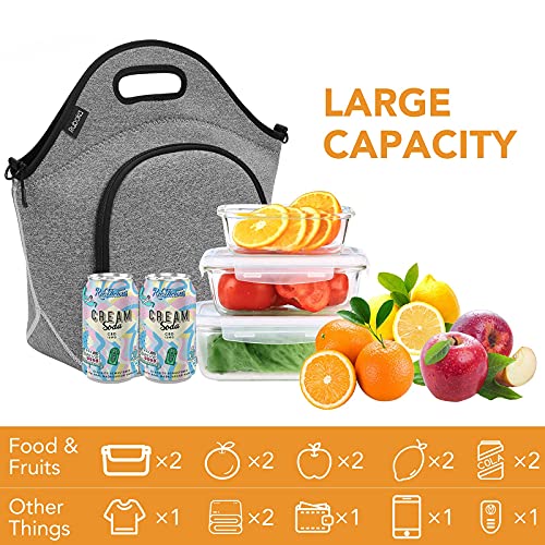Neoprene Lunch Bag, Ruboka Lunch Tote Insulated Lunch Bag, Large Lunch Tote Bags Reusable Lunch Box With Adjustable Detachable Shoulder Straps For Outdoor/School/Picnic/Work 13.5”x 13.5”x 6.5”,Grey