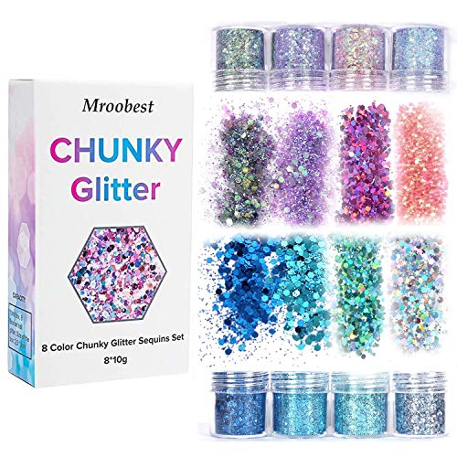 Holographic Chunky Glitters, Cosmetic Glitters Flakes, Body Glitter Set - 8 Colors, Use for Face Nails Eyes Lips Hair Body, Make Up Glitter Paillette Music Festival Masquerade - 8 boxes 10ML