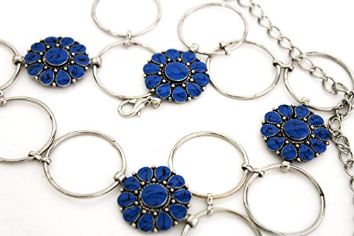 TFJ Women's Fashion Belt Hip High Waist Blue Beads Charms Silver Metal Chain Xs S M