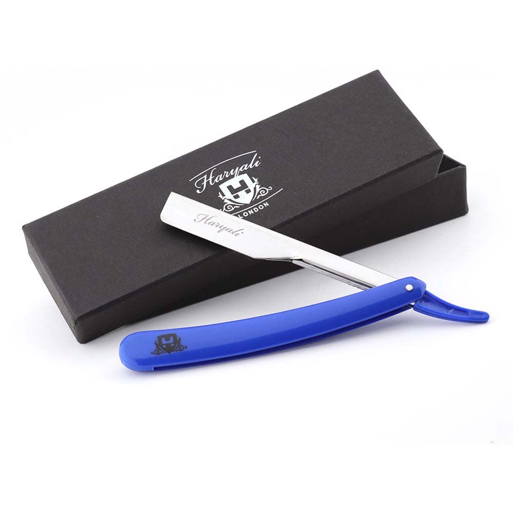 Haryali London Mens Traditional Folding Barber Shaving Razor/Professional Straight Cut Throat Razor in Blue Handle Comes in Designer Box + Leather Pouch