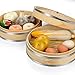 Flexzion Bamboo Steamer Basket Set (8 inch) with Stainless Steel Banding, 50 x Steamer Liners and 2 Pairs of Chopsticks, Steam Baskets for DimSum Dumplings, Rice, Vegetables, Fish and Meat