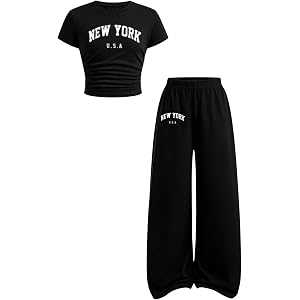 Malerotpc Girls Outfits Short Sleeve NEW YORK Print Fitted Cropped T-Shirt and Wide Leg Sweatpants Set for Girl Clothes 7-14Y