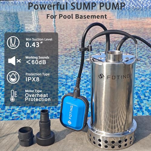 FOTING 900W Stainless Steel Submersible Water Pump with Float Switch, 13000 L/H Electric Sump Pump for Dirty/Clean Water, Portable Water Pump Drainage Pump for Garden Pond, Pools, Hot Tub, Ditches