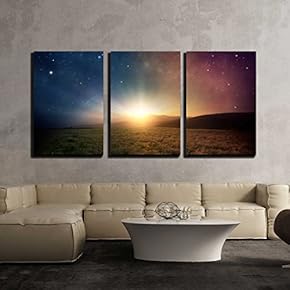 3 Piece Canvas Wall Art - Beautiful Sunrise with Stars and Galaxy in Night Sky. - Modern Home Art Stretched and Framed Ready to Hang - 16"x24"x3 Panels
