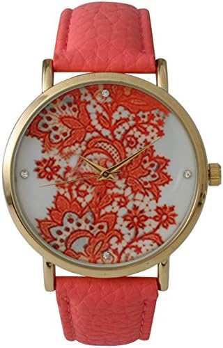 Leather Strap Watch with Aztec Floral and Leaf Dial White Four Rhinestone Numbering (Coral)
