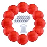 Just Artifacts 12inch Decorative Round Chinese Paper Lanterns 10pcs w/ 12pc LED Lights and Clear String (Color: Red)