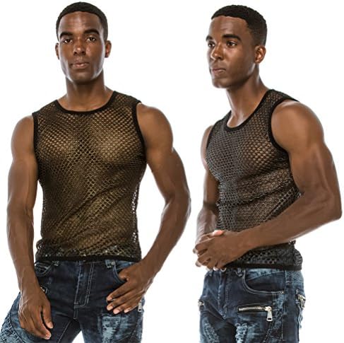 Angel Cola Men's Mesh Fishnet Fitted Muscle Tank Top 2 Pack Gold/Silver Small
