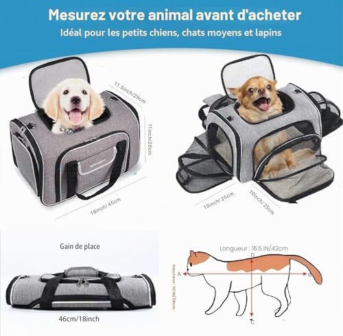Airline Approved Expandable 4-Sided Cat Carrier Bag for Cats & Small Dogs, Car/Plane/Train, Folding, Removable Soft Cushion, 45 x 28 x 28 cm, Secure