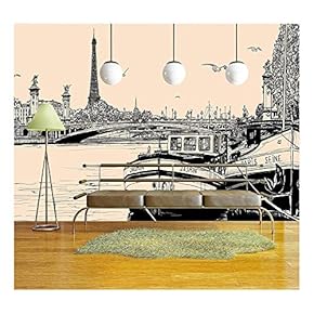 Vector - Vector Illustration of a View of Seine River in Paris with Barges and Eiffel Tower - Removable Wall Mural | Self-Adhesive Large Wallpaper - 66x96 inches