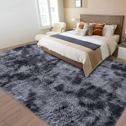 ASIinnsy Area Rugs Soft Fluffy Carpets For Living room Shaggy Rug Modern Area Rug For Bedroom Anti-Slip Rugs For Kids Room Indoor Home Decorative Carpet (Black Grey, 200 x 300cm)
