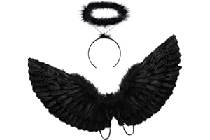 HANDIC Black Angel Costume Wings and Halo Adult Angel Costume Wings for Kids Girls Woman Halloween