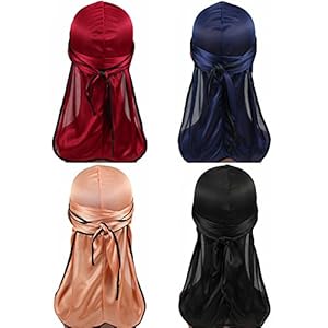 Super iMan Unisex 4PCS Silky Durag Extra Long-Tail and Wide Straps Headwraps Pirate Cap (Black+Rose Gold+Red+Navy)