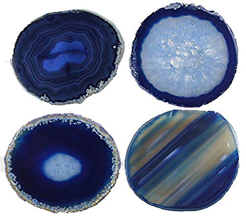 JIC Gem Natural Sliced Dyed Agate Coaster Blue with Rubber Bumper Set of 4 Polished Beverage Coasters Home Decoration 3-3.5"