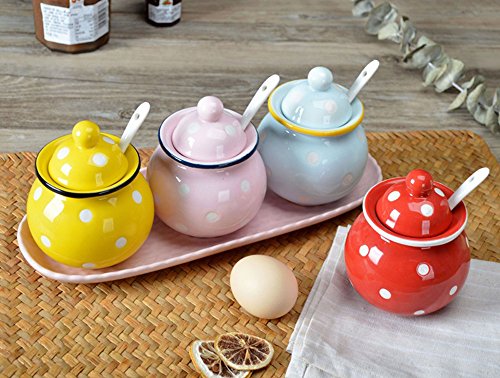 Ceramics Dot Sugar Salt Pepper Storage Jar Seasoning Pot with Lid And Spoon - Thumbnail 6