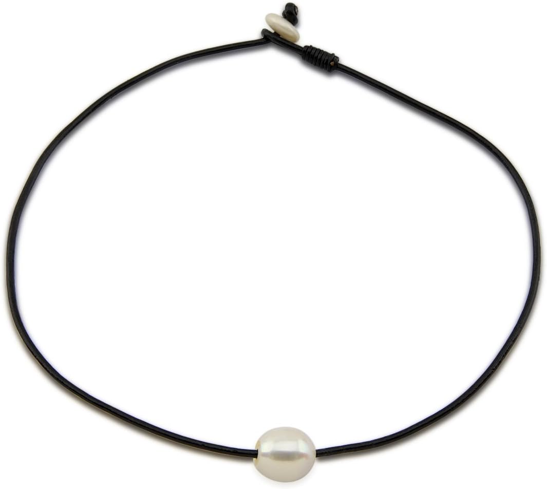 Akwaya 12-13mm White Freshwater Cultured Pearl Necklace with Leather,20"