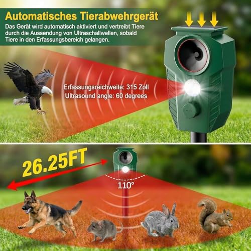 MEKEET Ultrasonic Cat Deterrent for Garden, Solar Cat Repellent, Marten Deterrent, Garden with Flash Light & PIR, IP65 Waterproof, Cat Scarer, Marten Repellent, Bird Repellent for G-Species, Patio