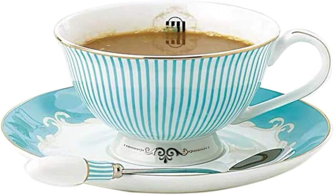 YBK Tech Cup& Saucer Set Bone China Porcelain Tea Coffee Cup for Breakfast Afternoon Tea- Blue Stripe Pattern