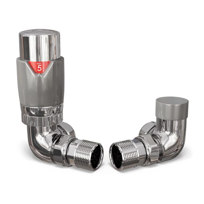 UK Radiators Silver Thermostatic Radiator Valve and Corner Lockshield Valve - Gloss Silver Finish - Classy and Modern Design 1/2" x 15mm Corner Radiator Valve — image 1