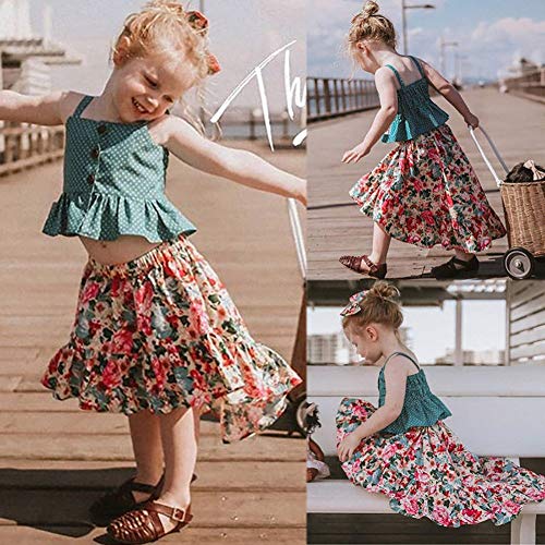 Summer Toddler Baby Girl Skirt Set Ruffle Strap Top +Boho Floral Skirt +Headband Princess Outfits Clothes Set (Green, 6-7Years)