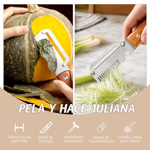 Pelador Multifuncional de Verduras 2026 Upgrade con Mango de Madera, Cuchillo Pelador de Acero Inoxidable 3 en 1, Rallador de Cebolla y Abridor de Botellas, para Cocina, Camping y BBQ (2pcs)